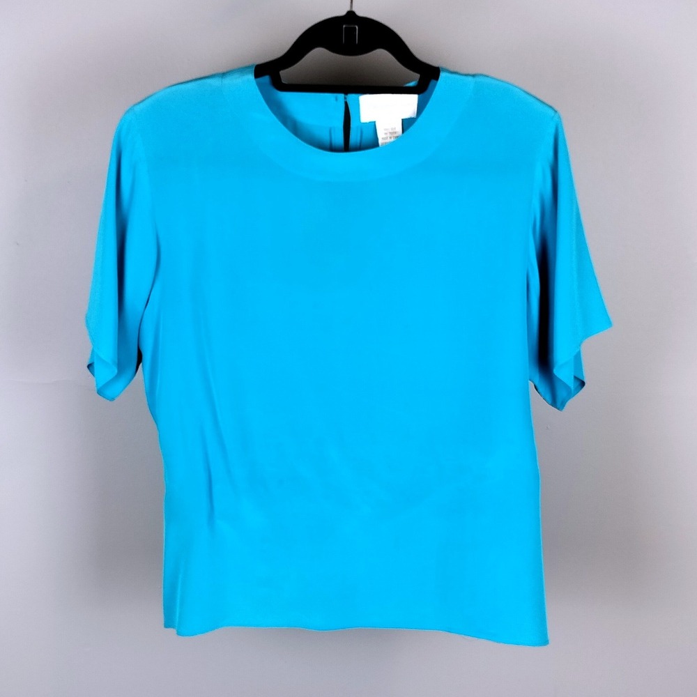 Vintage Sharon Leone 100% Silk Short Sleeve Blouse‎ Teal Blue Medium